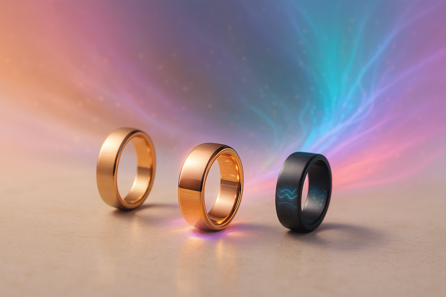 Editorial macro of the best wearable tech for women in 2026, including Samsung Galaxy Ring, Oura Horizon Ring, and Ultrahuman Ring styled like luxury jewellery with cosmic light.