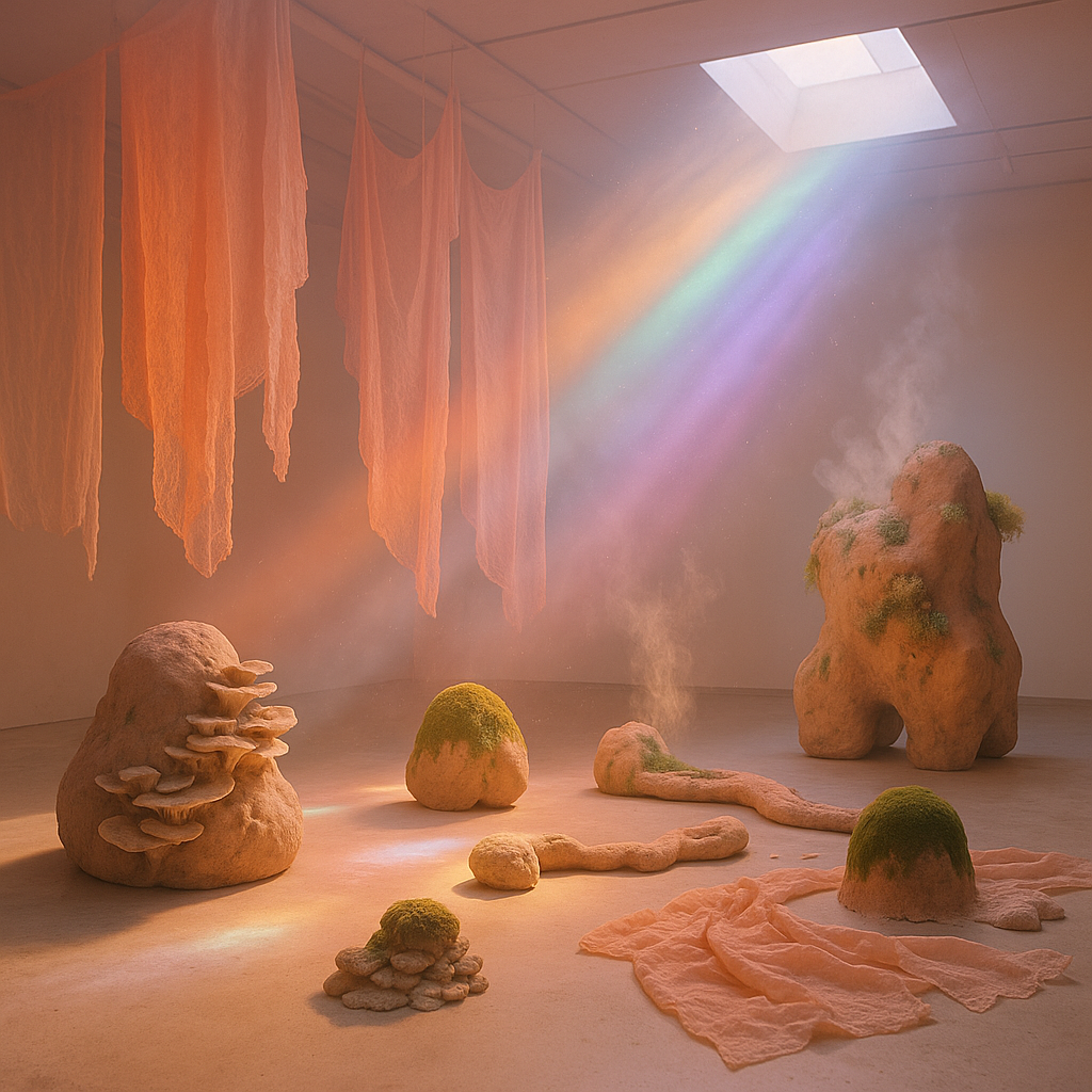 bristol-art-exhibitions-2025-2026-spike-island-living-systems contemporary art still-life with organic sculpture, warm coral tones