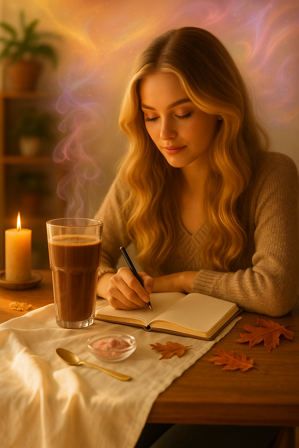 cacao-ritual-journaling-golden-hour-cosmic-editorial-2025 Editorial photo of a woman journaling at golden hour with a tall glass of steaming cacao, soft cosmic swirls in the steam and cozy boho textures.