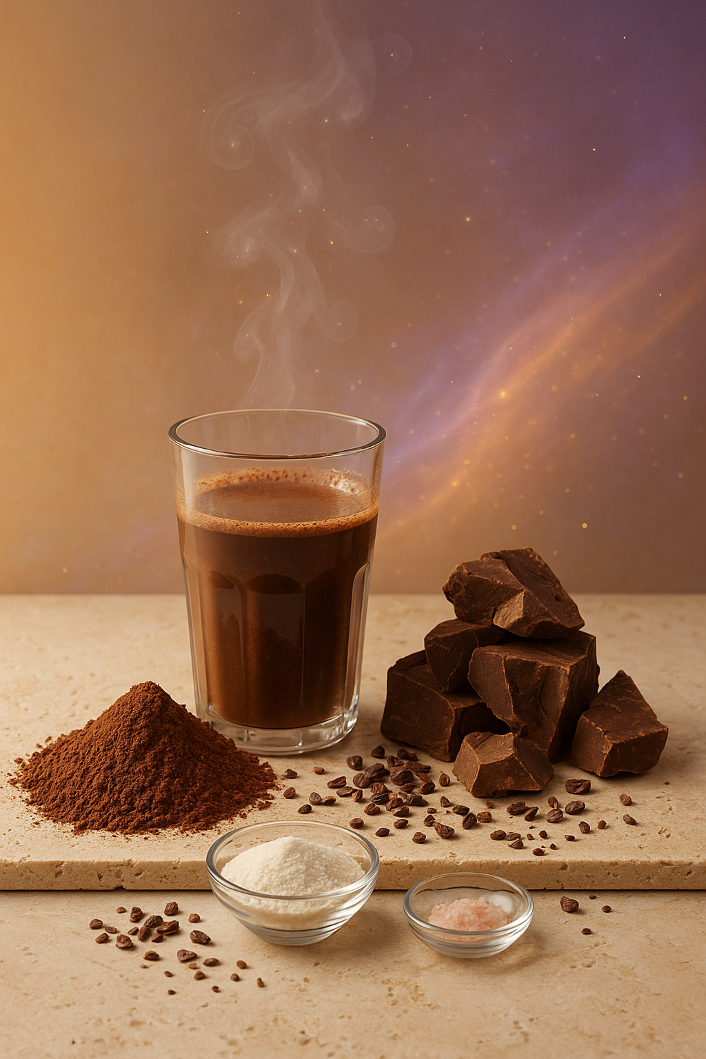 cacao-still-life-ceremonial-chunks-collagen-travertine-uhd Macro still-life of cacao powder and ceremonial chunks on cream travertine with subtle cosmic sparkles and a small dish of collagen and pink salt.