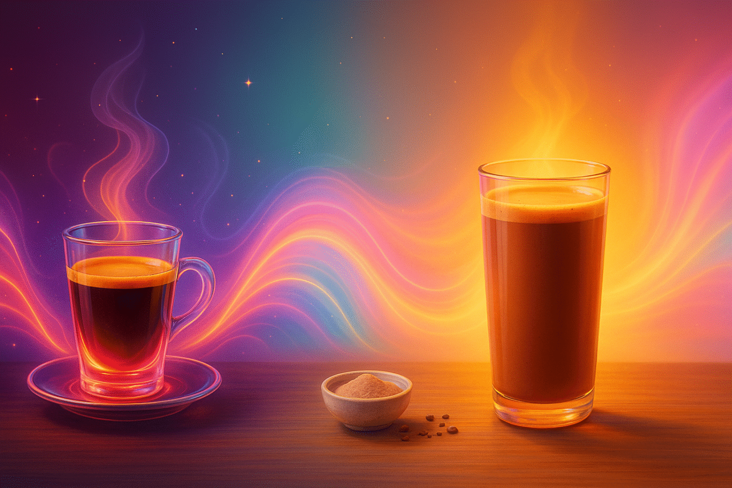 cacao-vs-coffee-calm-vs-buzz-cosmic-split-art-uhd-1440x960-1 Artistic split scene showing neon espresso energy versus candle-glow cacao, connected by flowing pastel cosmic waves.