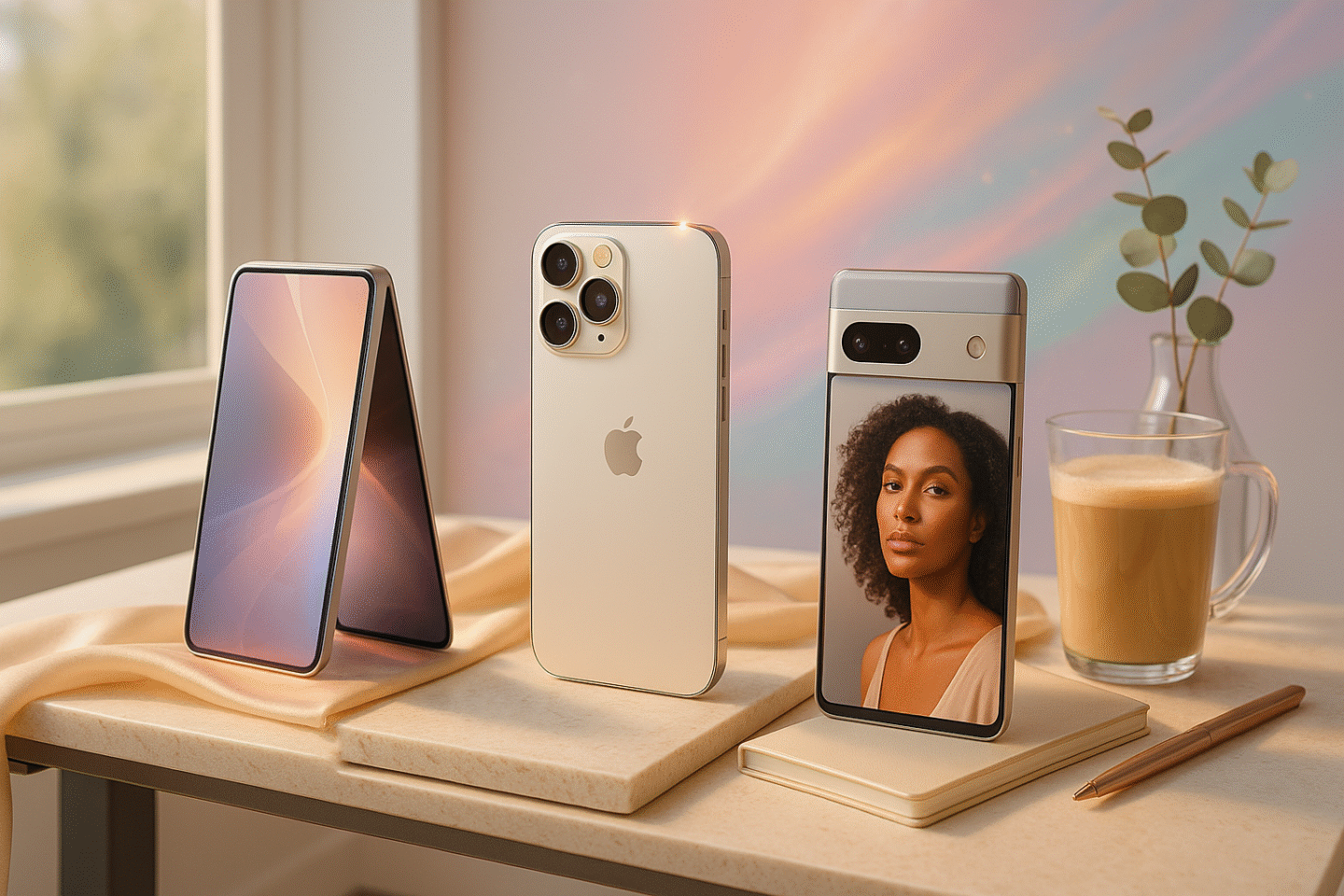 Editorial photo of the best smartphones for creators in 2026, featuring iPhone 17 Pro, Honor Magic V5 foldable, and Google Pixel 10 with cosmic pastel backdrop.