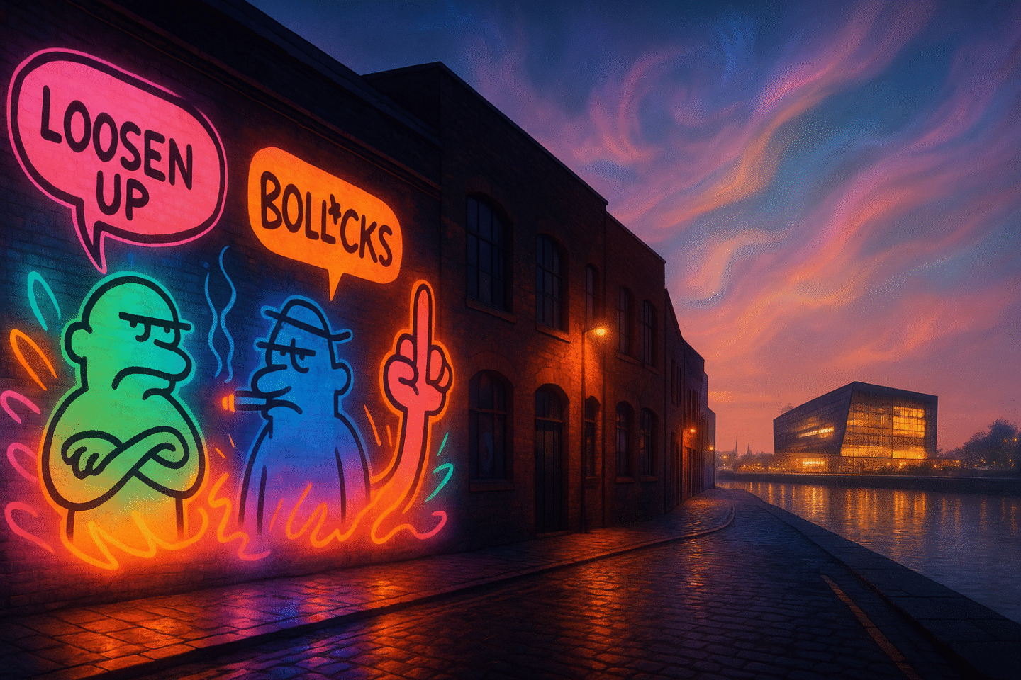 liverpool-art-exhibitions-2025-2026-modern-toss-baltic-triangle-1440x960-1 Vibrant editorial artwork of Liverpool’s Baltic Triangle at night, with glowing Modern Toss-inspired neon murals and RIBA North glowing by the Mersey.