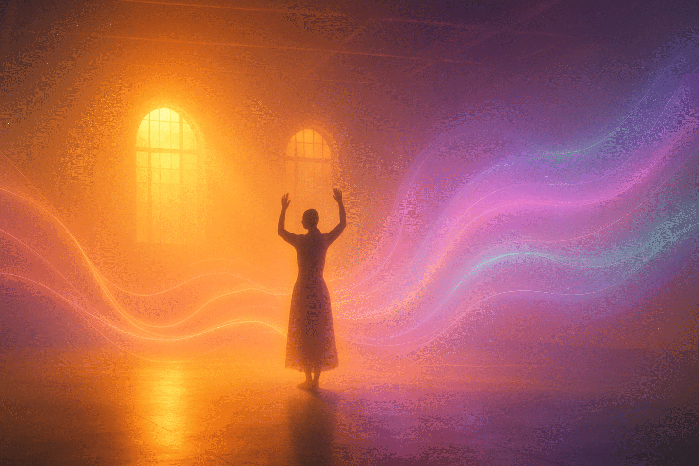manchester-art-exhibitions-2025-2026-marina-abramovic-aviva-studios-1440x960-1 surreal ritual-inspired artwork of a figure bathed in cosmic light despicting manchester art shows in 2025 and 2026