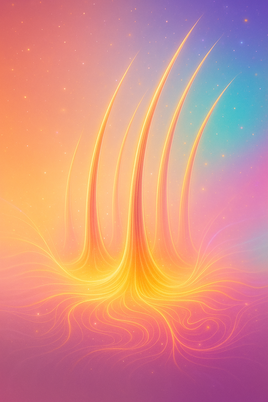 pcos-hair-loss-hair-follicle-cosmic-metaphor-uhd Artistic representation of glowing hair strands illuminated with cosmic pastel light, symbolising balanced hormones and healthy follicles.